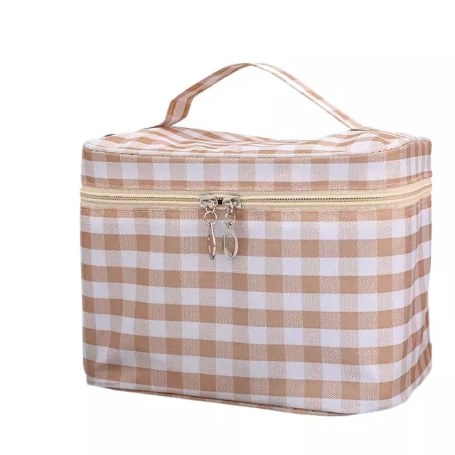 Grande trousse de toilette femme originale quadrillage beige - À vos trousses